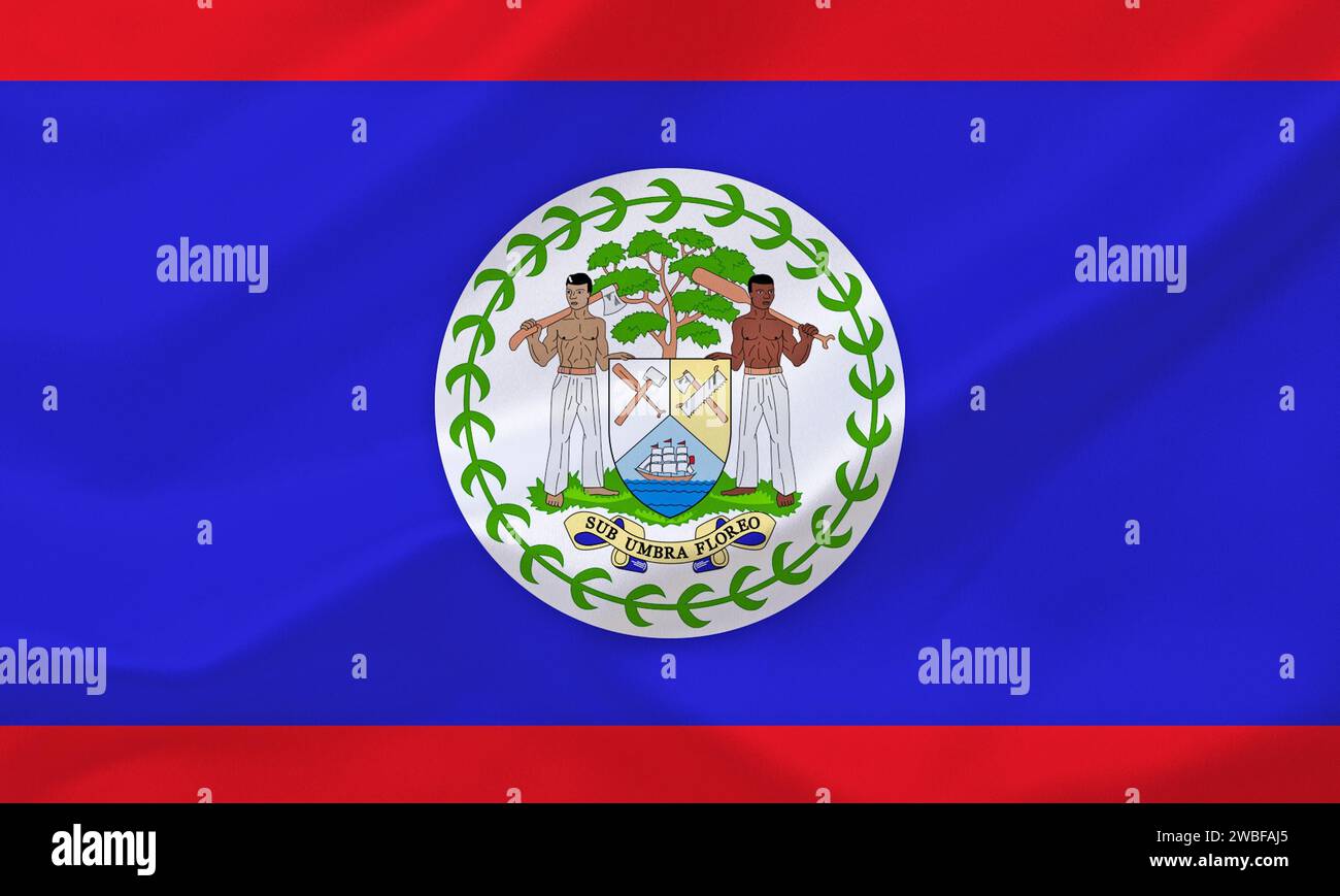 Le drapeau de Belize, Amérique centrale, capitale Belmopan. Anciennement Honduras britannique, la devise est le Dollar de Belize, BZD, Studio Banque D'Images