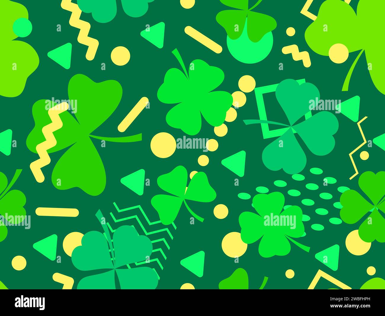 Modèle sans couture avec trèfle et formes géométriques dans le style Memphis des années 80. St. Fond de Patrick's Day avec des trèfles verts à quatre feuilles et à trois feuilles pour g Illustration de Vecteur