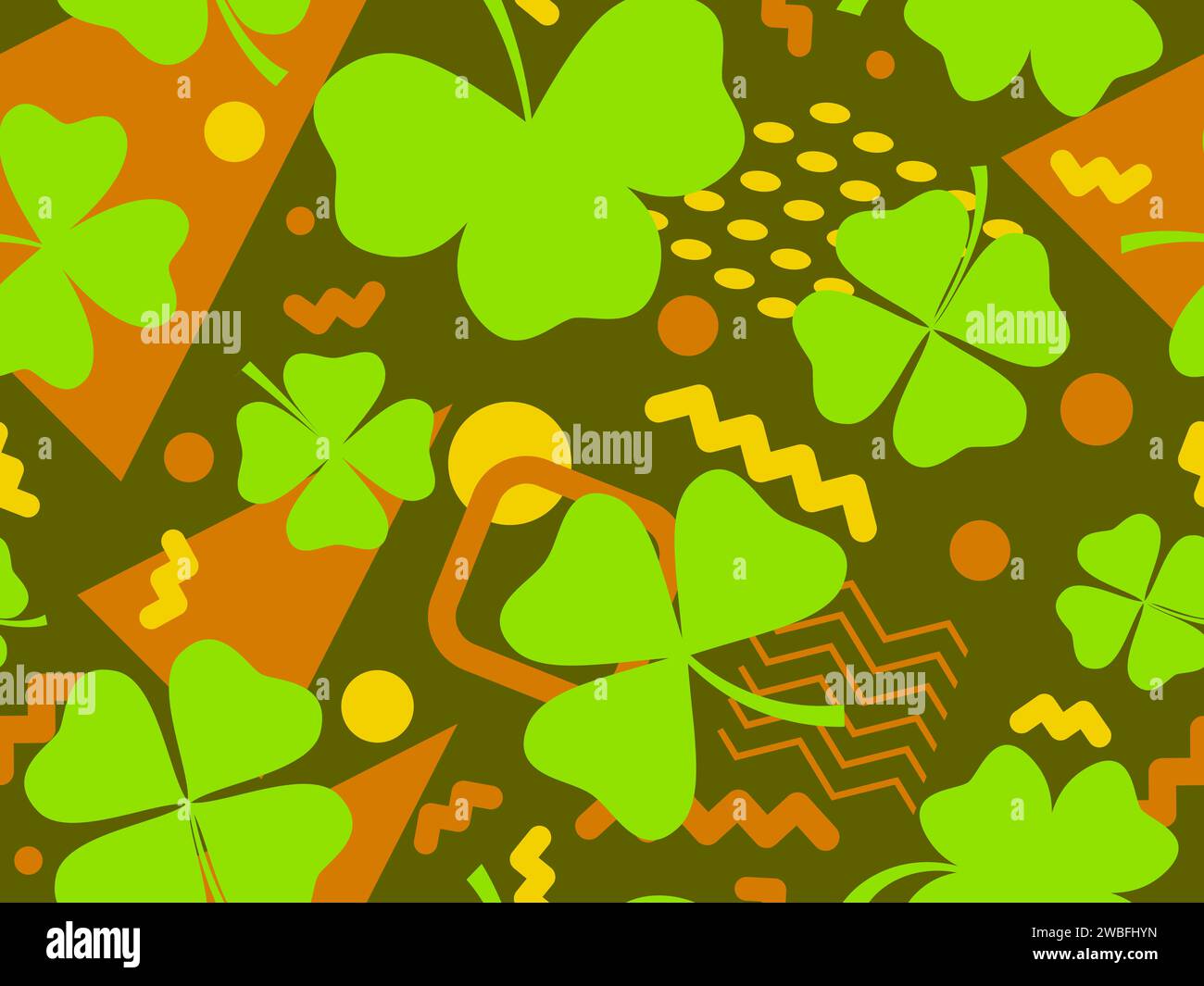 Modèle sans couture avec trèfle et formes géométriques dans le style Memphis des années 80. St. Fond de Patrick's Day avec des trèfles verts à quatre feuilles et à trois feuilles pour g Illustration de Vecteur