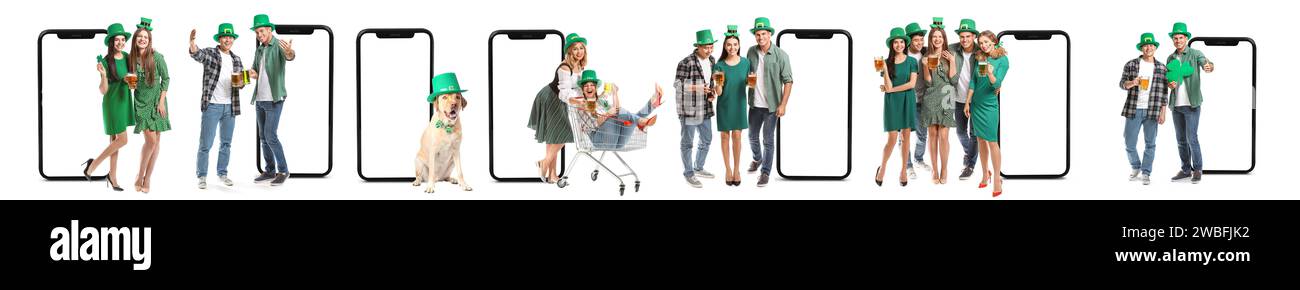 Collage de gros smartphones, personnes et chien sur fond blanc. St. Fête de Patrick Banque D'Images