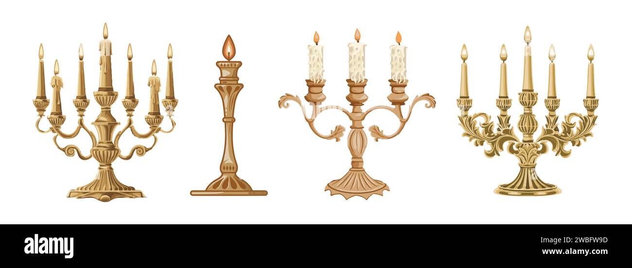 Ensemble de bougies en or Vintage en chandeliers. Illustration de Vecteur