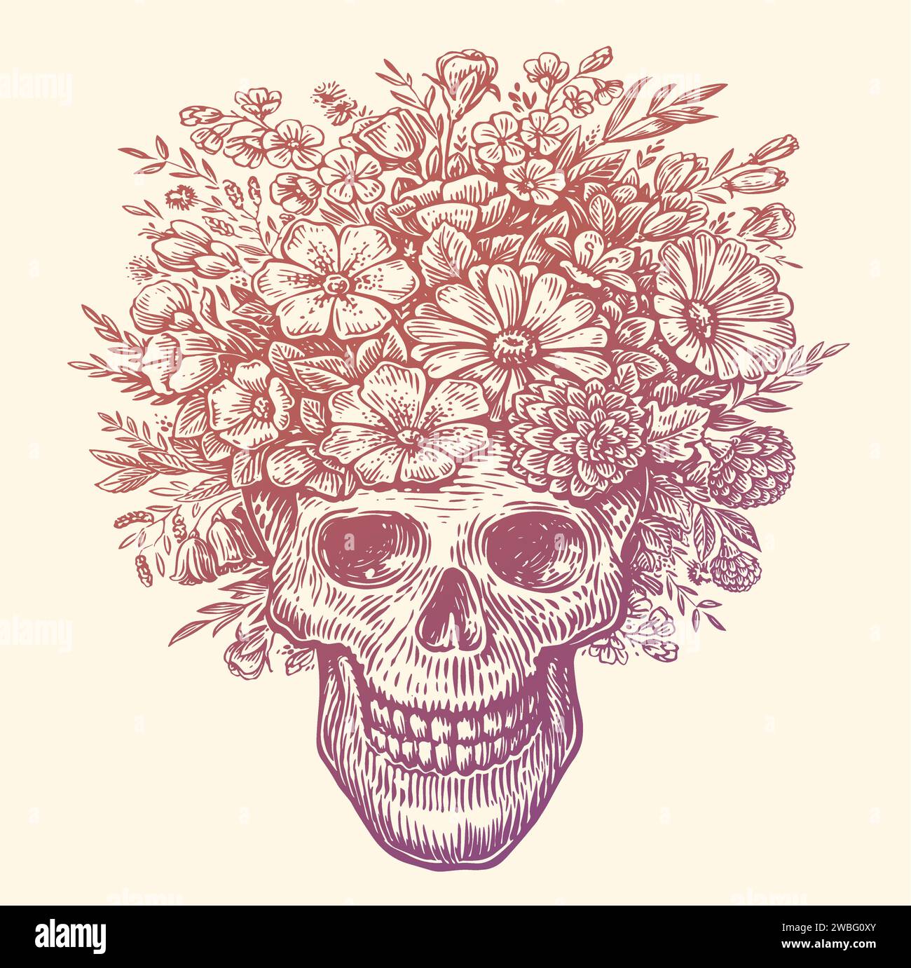 Crâne humain avec une couronne de fleurs sur la tête. Illustration vectorielle dessinée à la main Illustration de Vecteur