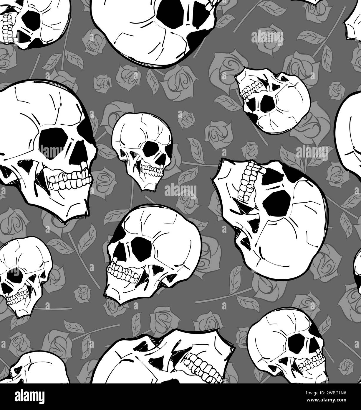 Crâne avec motif rose sans couture. Tête squelette et fond de fleur Illustration de Vecteur