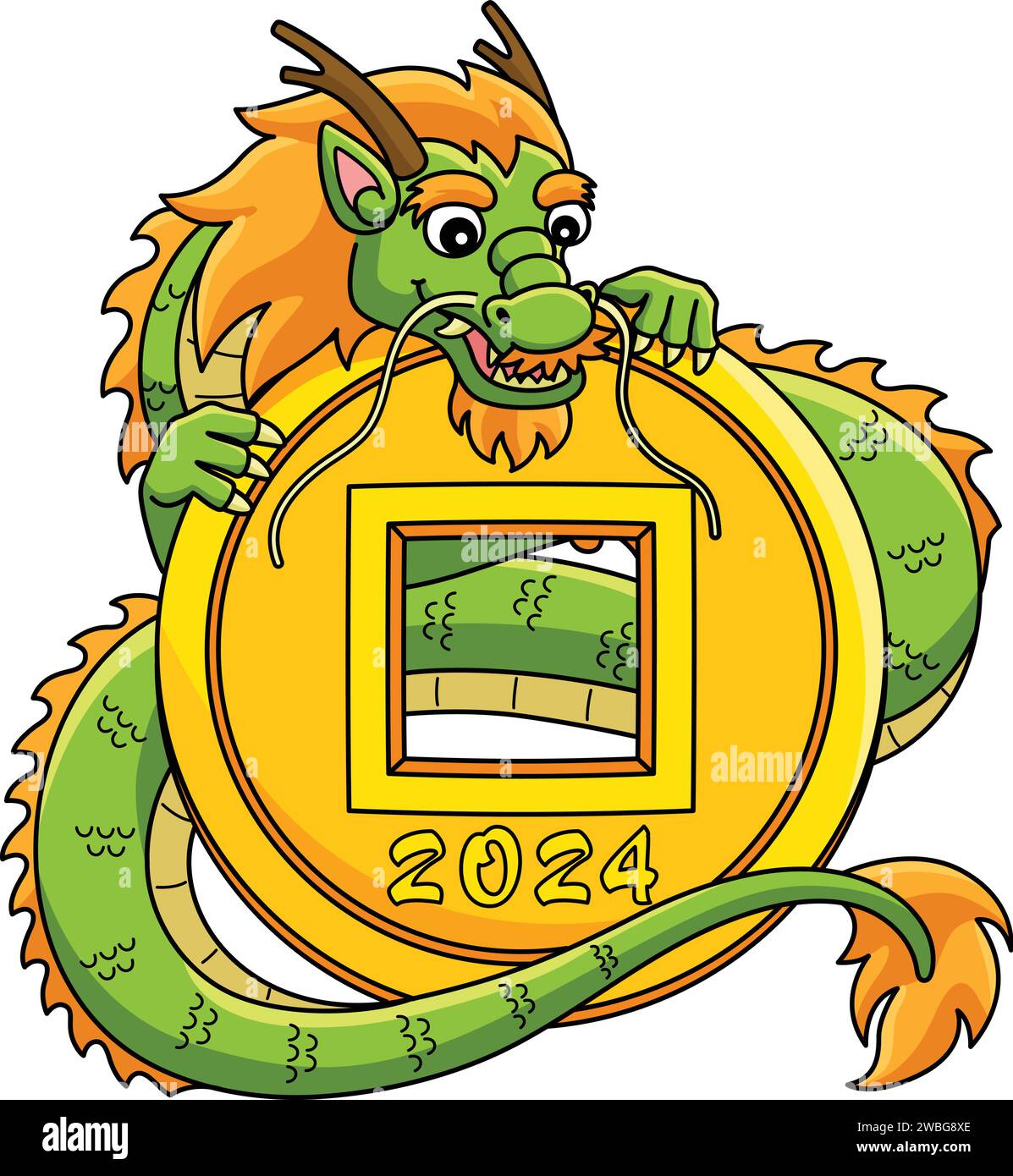 Année du Dragon avec 2024 pièces de dessin animé Clipart Illustration de Vecteur