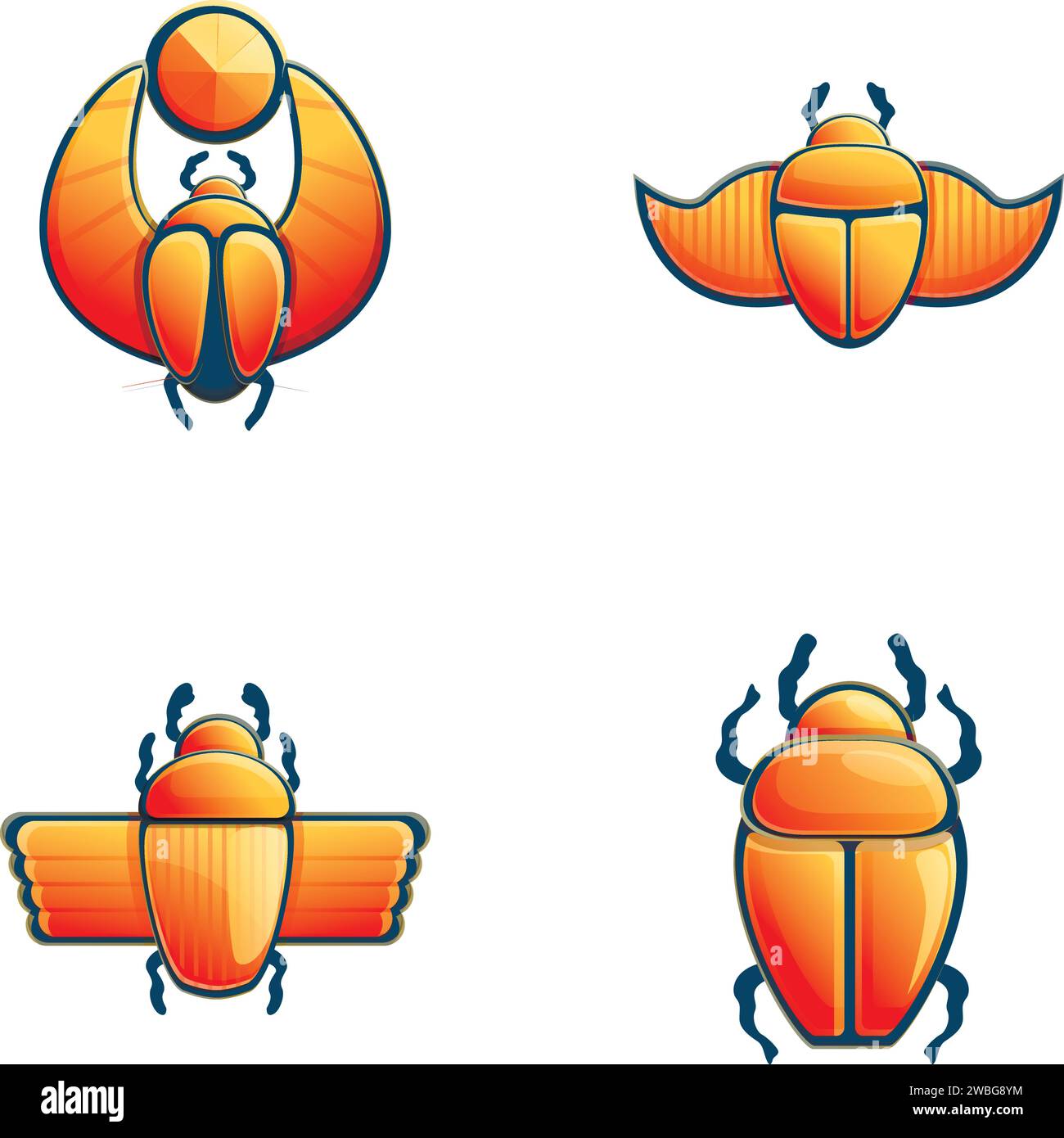 Icônes scarabées égyptiennes set vecteur de dessin animé. Divers scarabées ailés. Insecte scarabée, entomologie Illustration de Vecteur