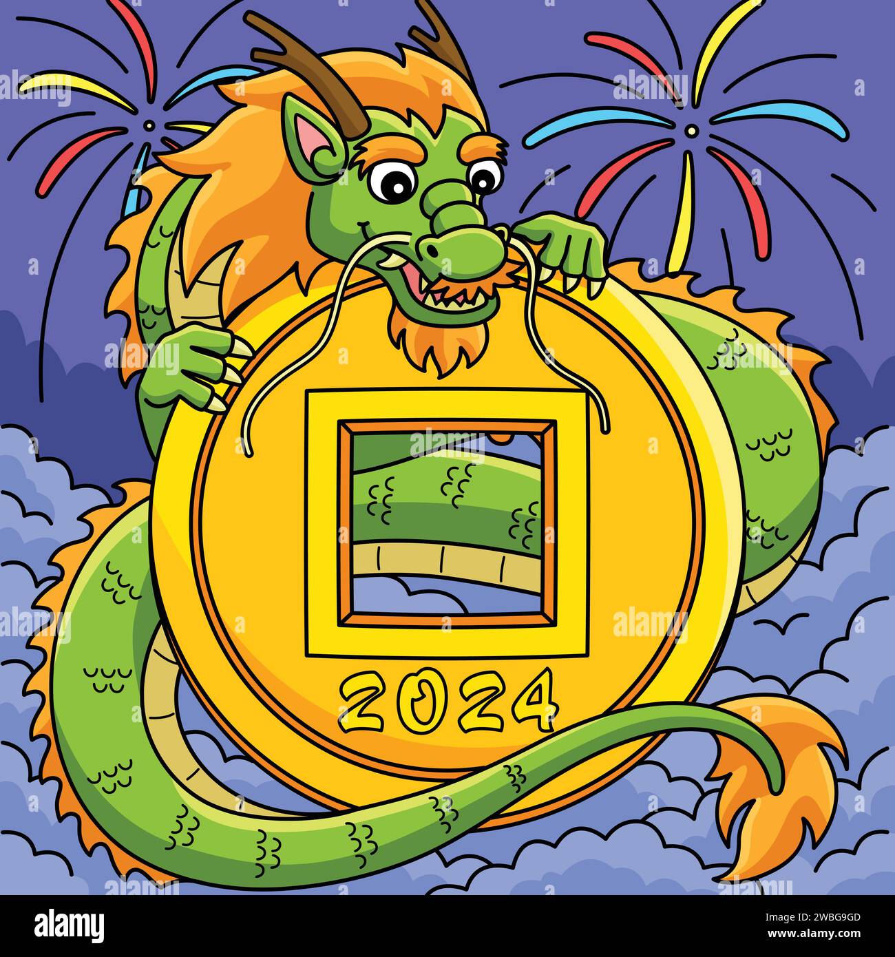 Année du Dragon avec 2024 Cartoon couleur pièce Illustration de Vecteur