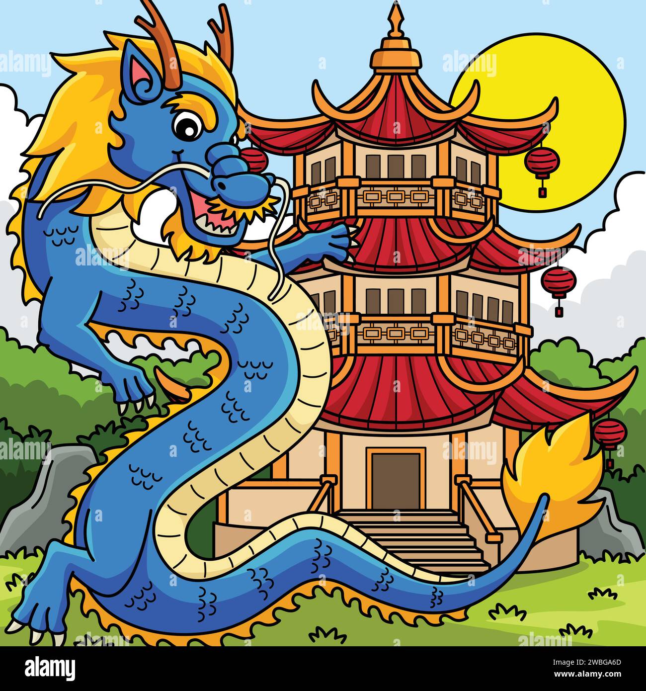 Année du Dragon avec Cartoon coloré de pagode Illustration de Vecteur