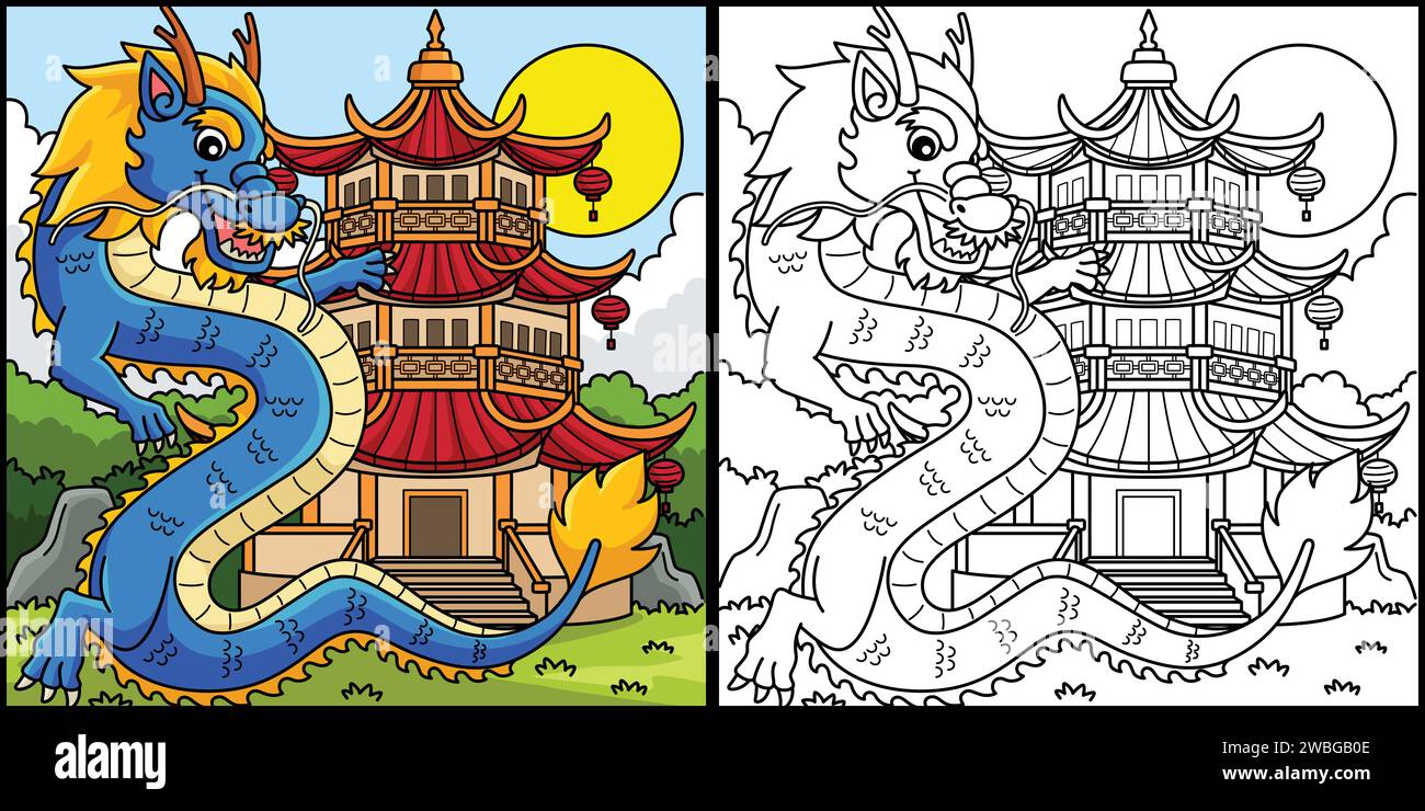 Année du Dragon avec Illustration de pagode Illustration de Vecteur