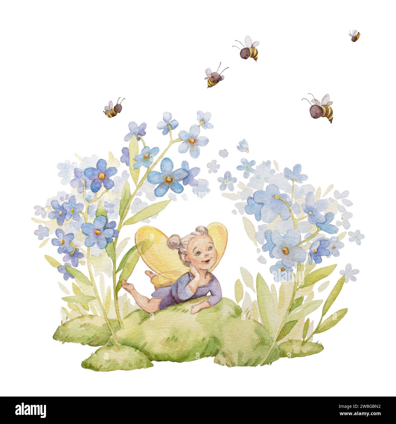 Oubliez-moi pas Flower Fairy Aquarelle Illustration. Mignon Garden Fairy Tale Clipart. Forget Me Not Watercolor Kids Print. Imprimé fée pour pépinière Banque D'Images