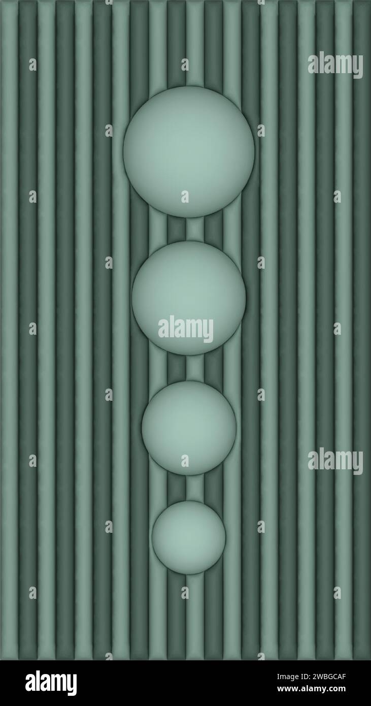 Rayures bombées turquoise foncé et turquoise clair en arrière-plan et cercles 3D clairs en arrière-plan. Illustration 3D. Fond d'écran du téléphone. Banque D'Images