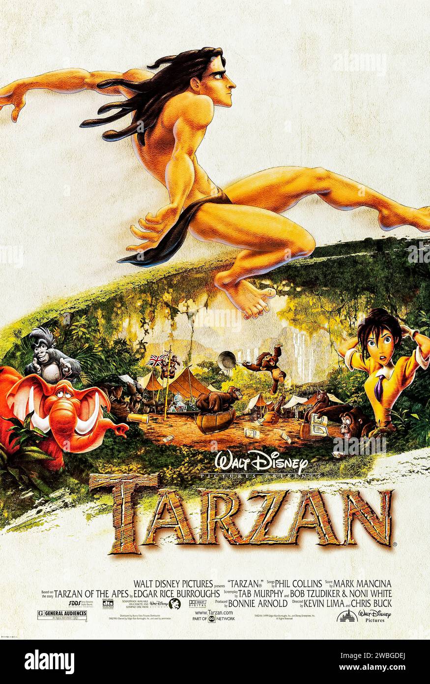 Tarzan (1999) réalisé par Chris Buck et Kevin Lima et mettant en vedette Tony Goldwyn, Minnie Driver et Brian Blessed. Un homme élevé par des gorilles doit décider où il appartient vraiment quand il découvre qu'il est un humain. Banque D'Images