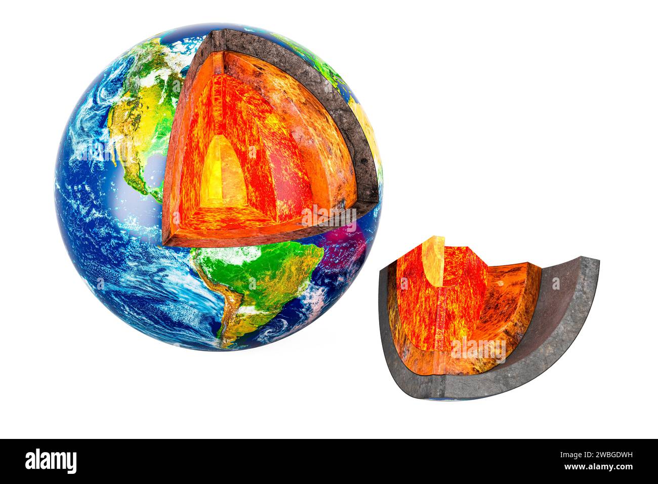 Modèle de terre en coupe transversale. Structure détaillée de Earth Globe, rendu 3D isolé sur fond blanc Banque D'Images