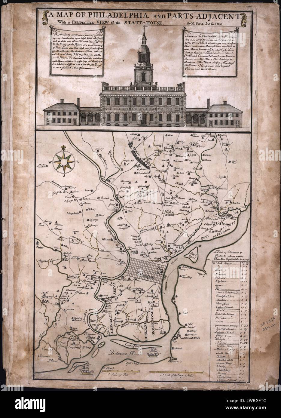 Carte de Philadelphie, et les parties adjacentes, avec une vue en perspective de la State-House. La carte du milieu du 18e siècle par Nicolas Scull et George Heap illustre les routes, les canaux et les propriétaires fonciers importants de Philadelphie et de ses environs. Banque D'Images