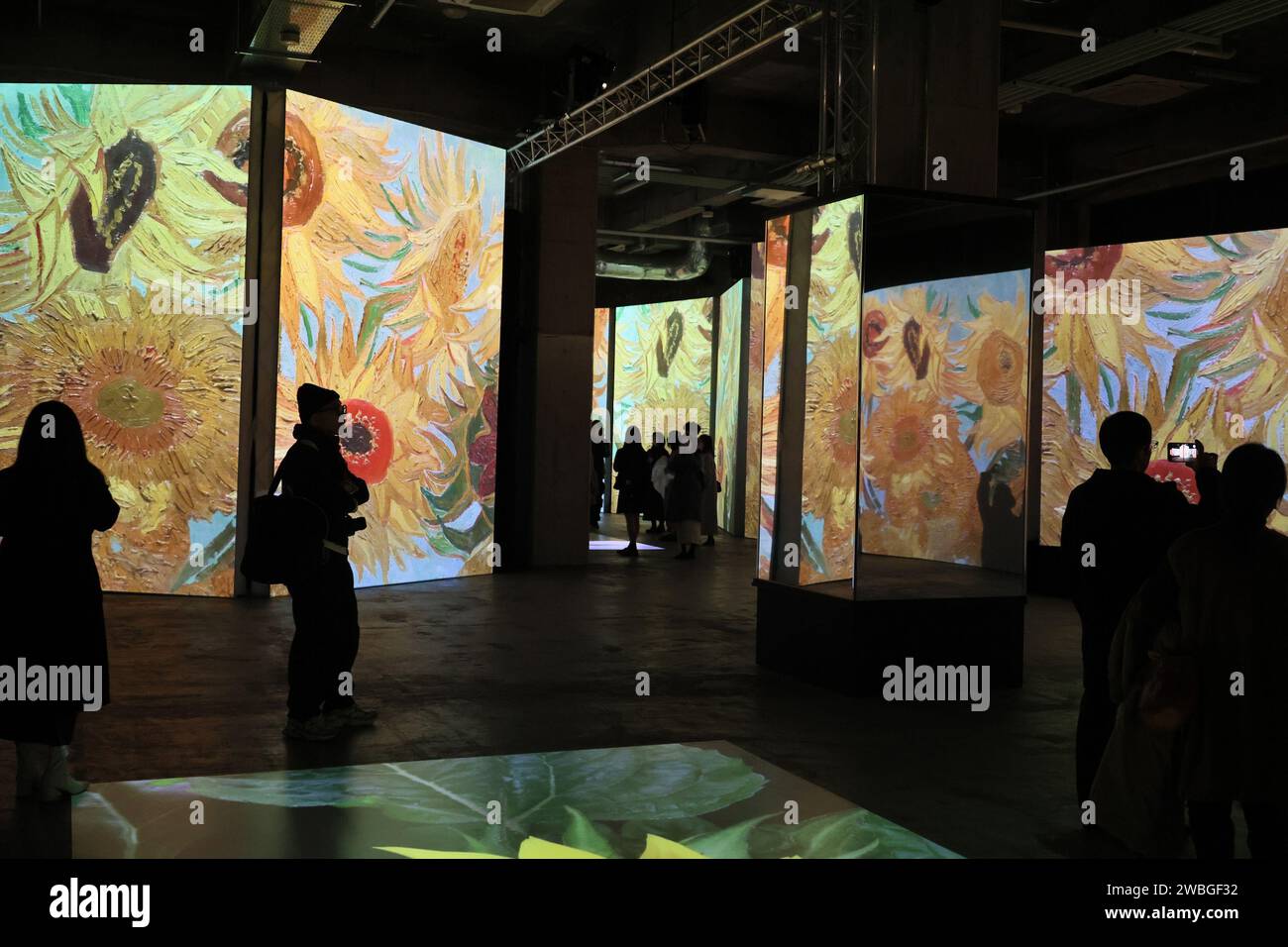 10 janvier 2024, Tokyo, Japon - les gens profitent d'une expérience immersive avec des chefs-d'œuvre du peintre néerlandais Vincent Van Gogh lors d'une exposition d'art immersive 'Van Gogh Alive - Grande Experiences' à Tokyo le 10 janvier 2024. L’exposition, qui rassemble plus de 9 millions de visiteurs dans 100 villes, sera présentée à l’entrepôt Terrada jusqu’en mars 31. (Photo de Yoshio Tsunoda/AFLO) Banque D'Images