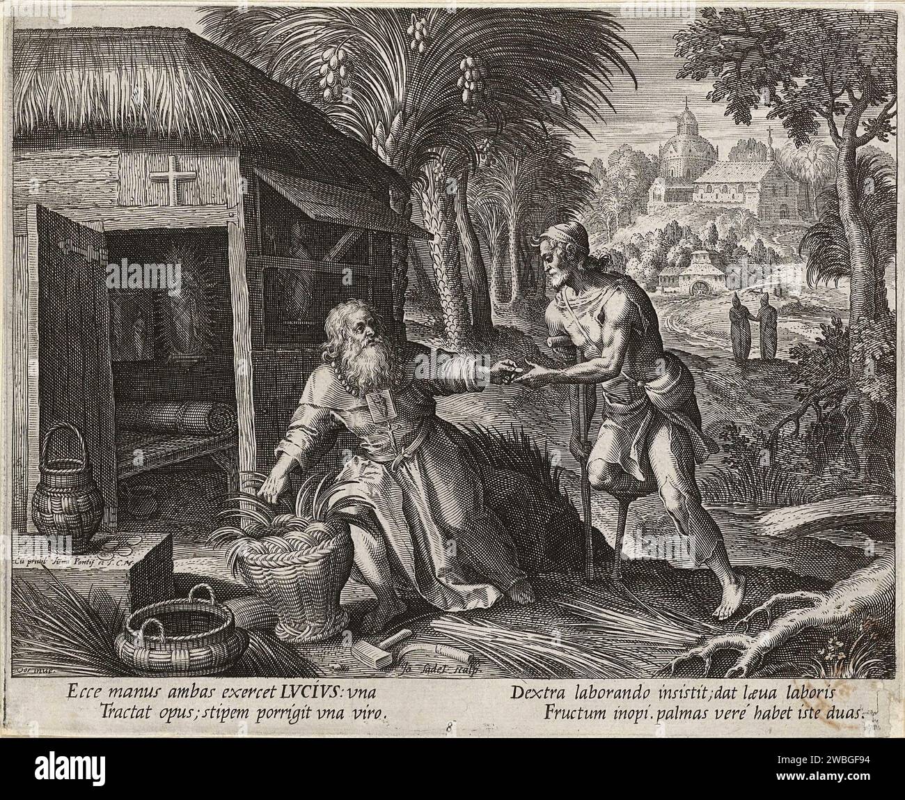 Une gravure d'environ 1600 par Johann Sadeler I montrant Saint Lucius, un ermite chrétien précoce et plus tard popetisant un panier et donnant l'aumône à un homme infirme. Pape Lucius I était pontife de AD253-AD254. Il était le 22e pape. Il a longtemps été considéré comme un martyr, mais des recherches ultérieures indiquent qu'il est mort d'une mort naturelle. Banque D'Images