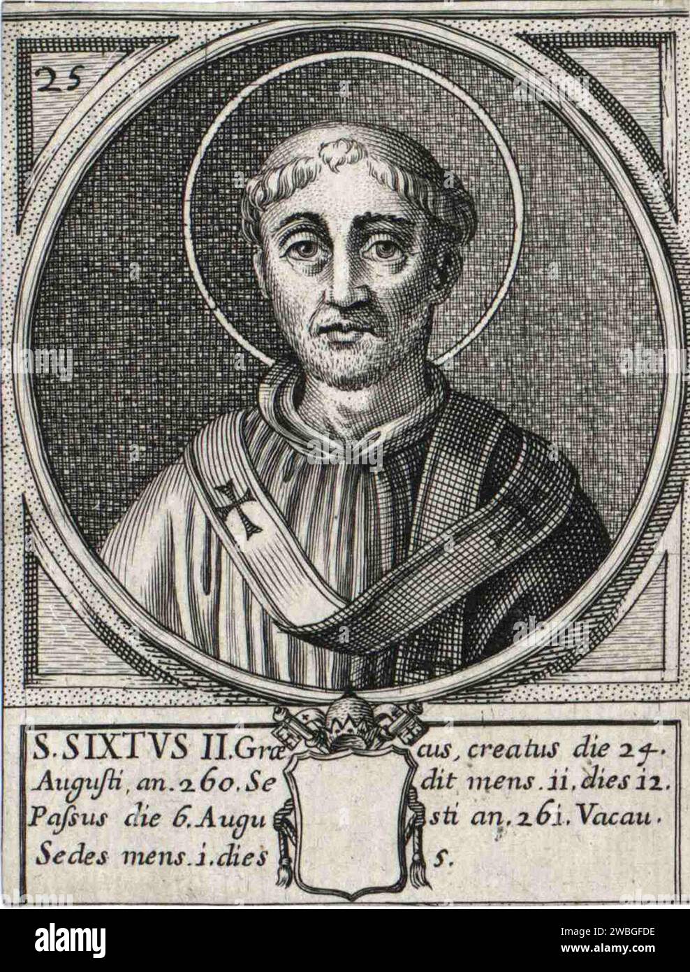 Gravure du 17e siècle du pape Sixte II, qui fut pontife de AD257 à AD258. Il était le 24e pape et est également connu sous le nom de pape Xyste II Il a été décapité après seulement 340 jours dans l'ogice lorsque l'empereur Valérian a lancé une série de persécutions contre les chrétiens. Banque D'Images