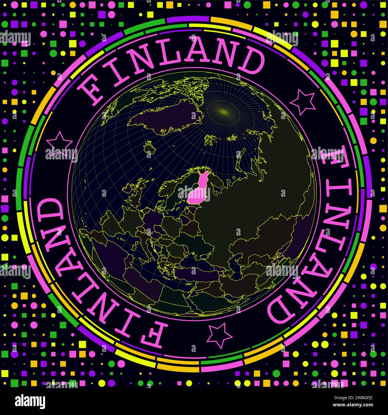 La Finlande futuriste sur le globe. Vue satellite au néon lumineux du monde centrée sur la Finlande. Illustration de Vecteur