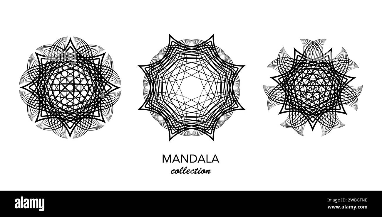 Set graphique Mandala, cercles technologiques géométriques abstraits, concept d'entreprise Wireframe logo Vector Bundles, géométrie sacrée en lignes noires rondes Illustration de Vecteur