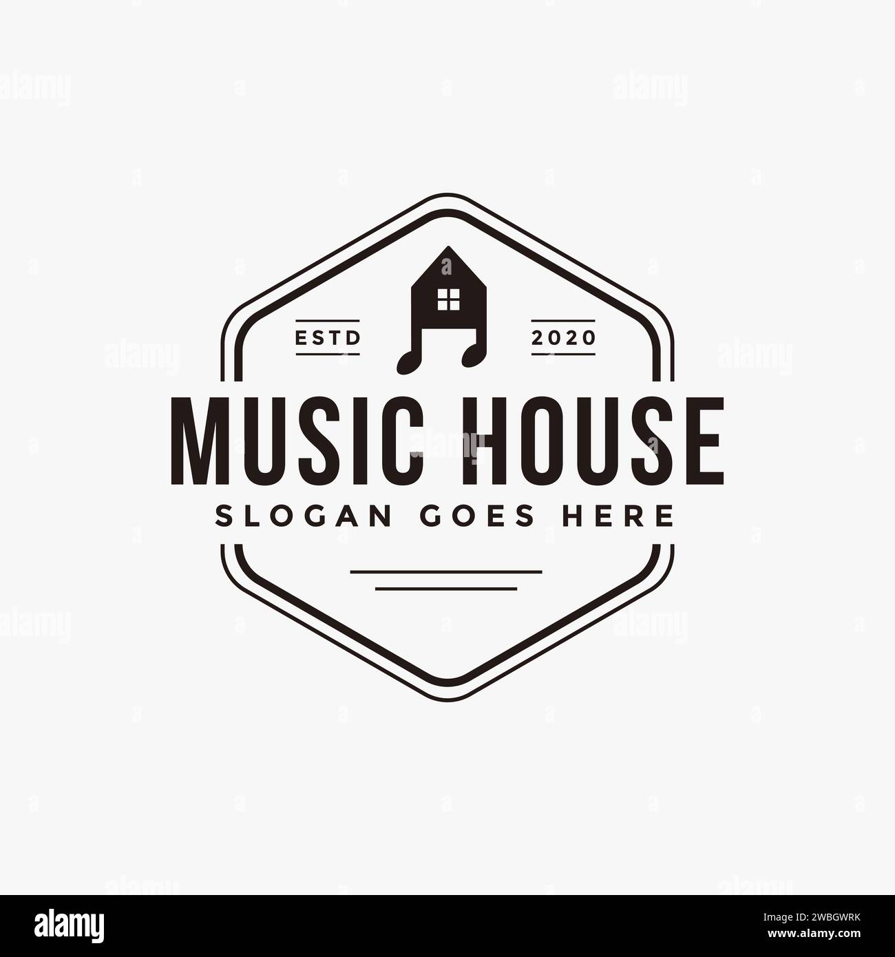 Emblème badge de sceau de musique vecteur de modèle de logo de maison sur fond blanc, icône de logo de symbole de maison et de note de musique Illustration de Vecteur