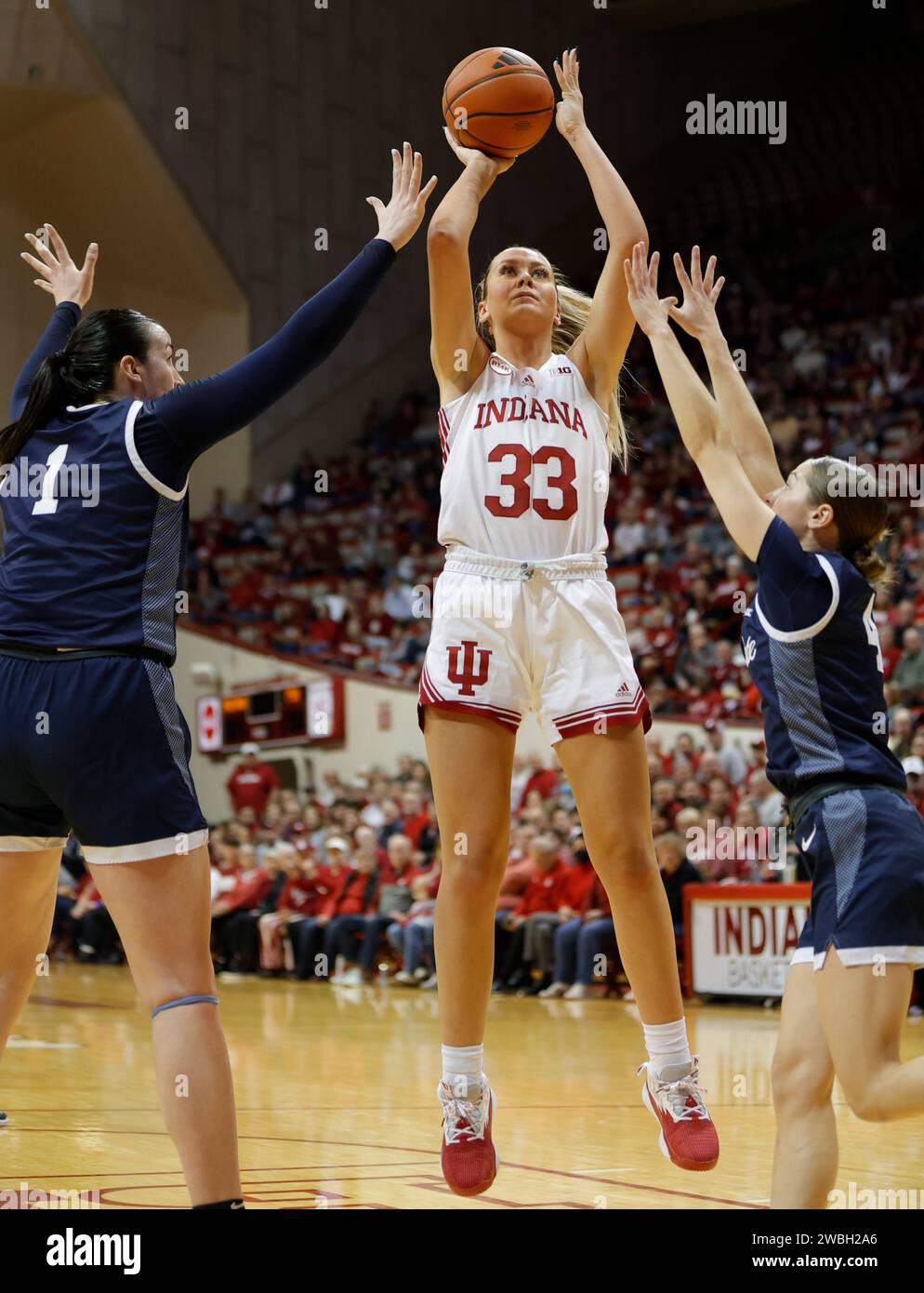 Bloomington, États-Unis. 10 janvier 2024. BLOOMINGTON, INDIANA - 10 JANVIER : Indiana Hoosiers garde Sydney Parrish (33) joue contre Penn State lors d'un match de basket-ball féminin de la NCAA le 10 janvier 2023 au Simon Skjodt Assembly Hall à Bloomington, Indiana. ( Crédit : Jeremy Hogan/Alamy Live News Banque D'Images