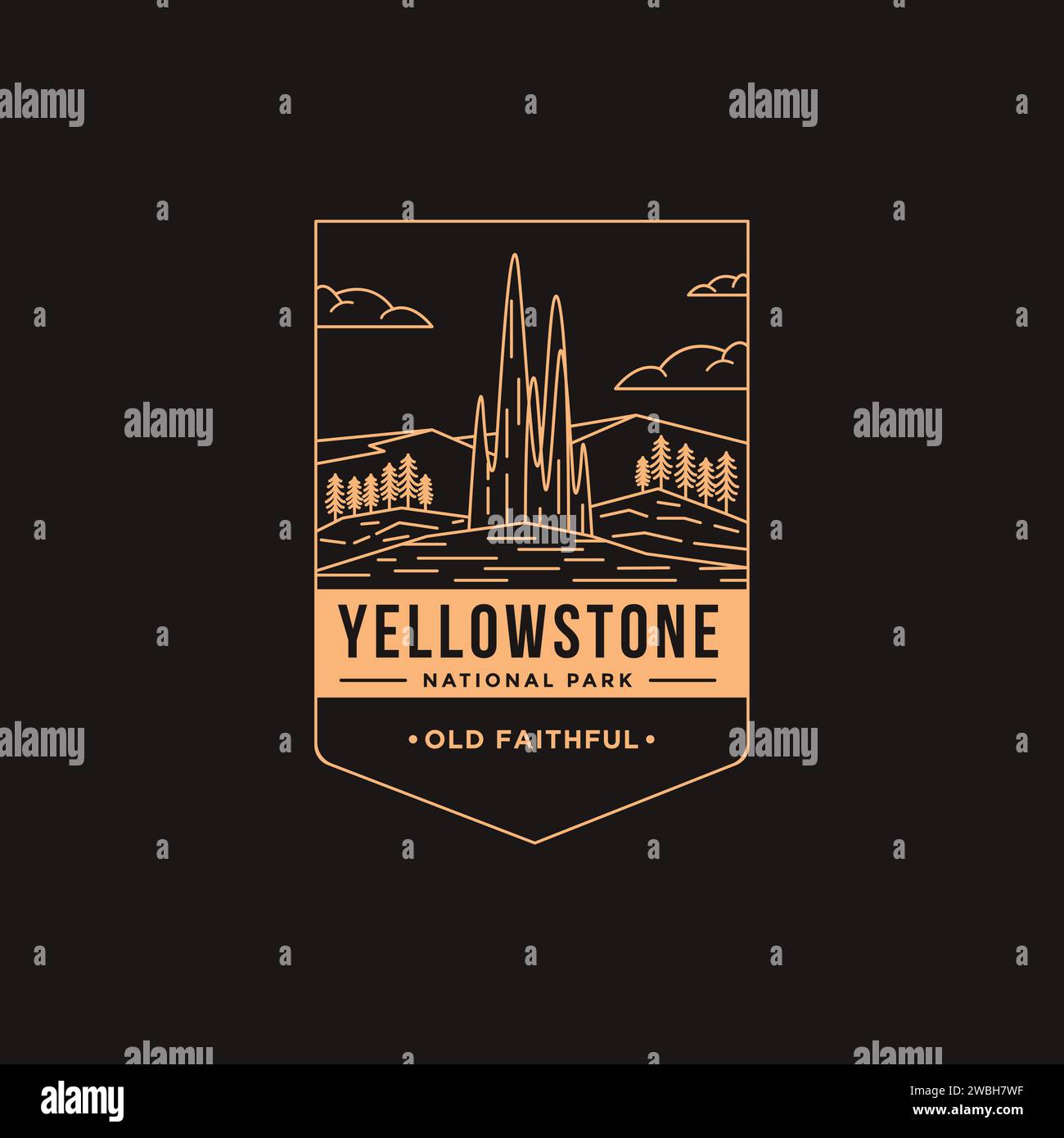 Illustration du logo patch au trait de l'emblème du parc national Old Faithful Yellowstone Illustration de Vecteur