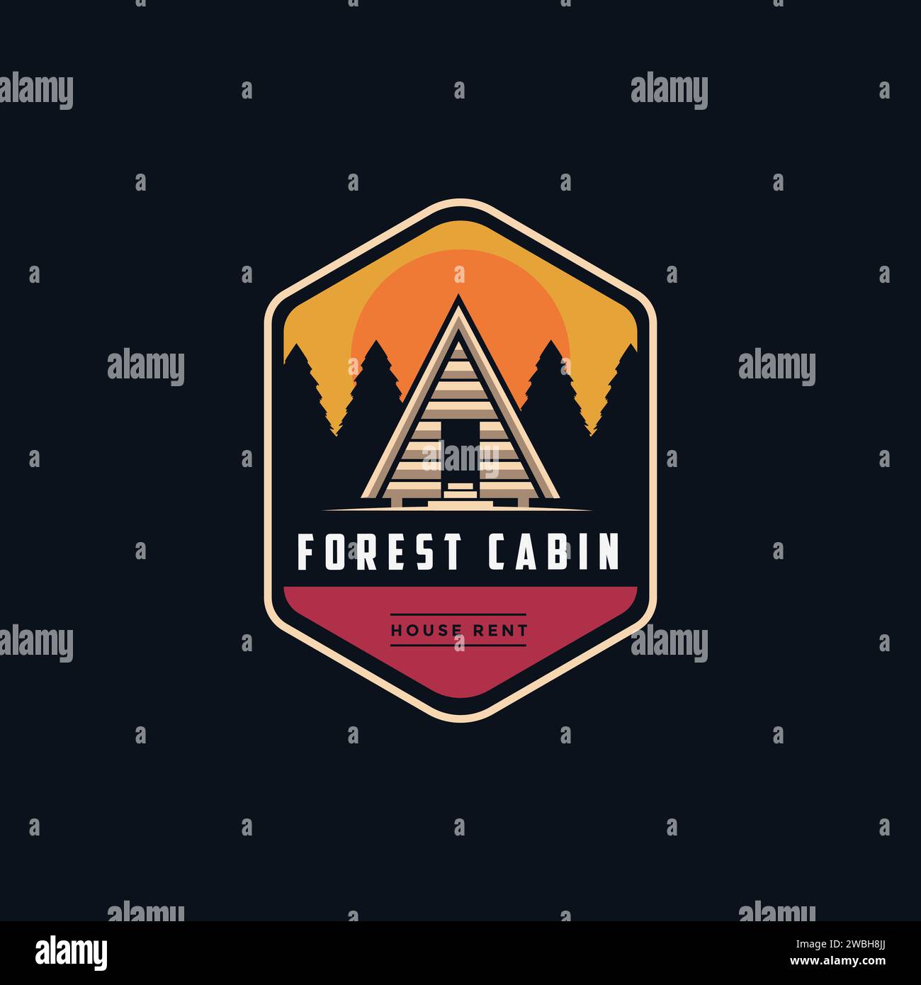 Emblème extérieur moderne vintage avec vue sur la montagne et cabane dans le modèle vectoriel d'icône de logo de forêt sur fond noir Illustration de Vecteur