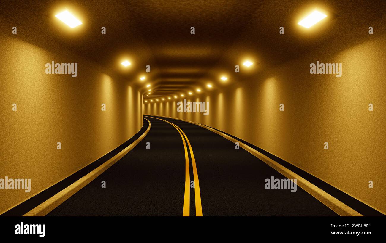 Mouvement à travers un tunnel de voiture, brillamment éclairé par des lampes. Banque D'Images