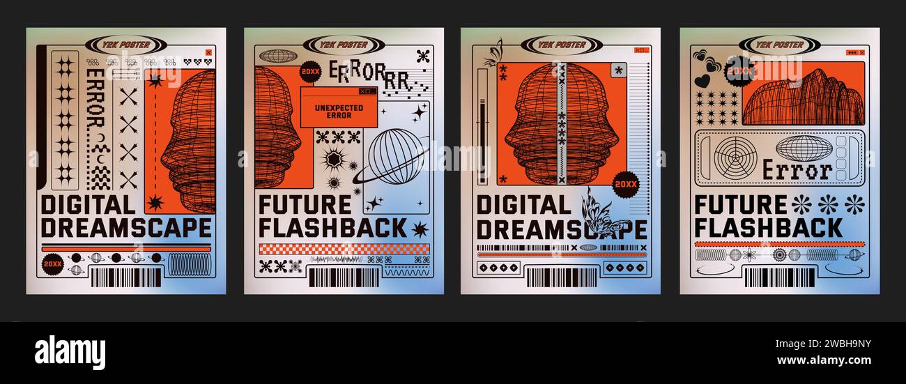 Modèle de conception d'affiche dans le style vintage y2k avec profil de visage humain abstrait de grille, formes décoratives et zone de texte. Vector Trendy rétro composition de bannière minimale dans l'esthétique des années 2000 avec typographie. Illustration de Vecteur