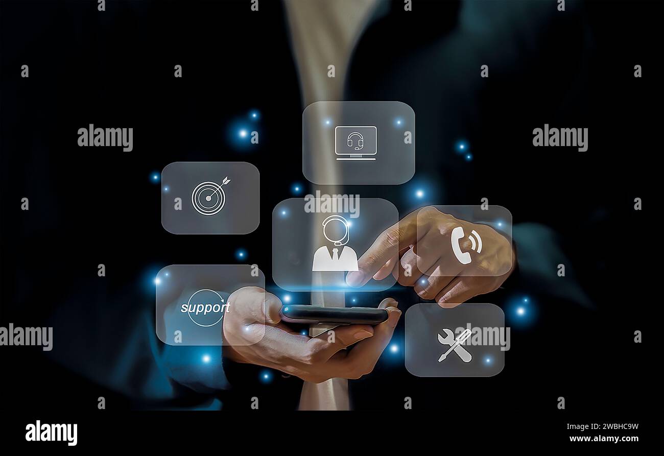 service 24-7h/24, contact mondial, assistance client, service client 24/7j/7 et consultation. Banque D'Images