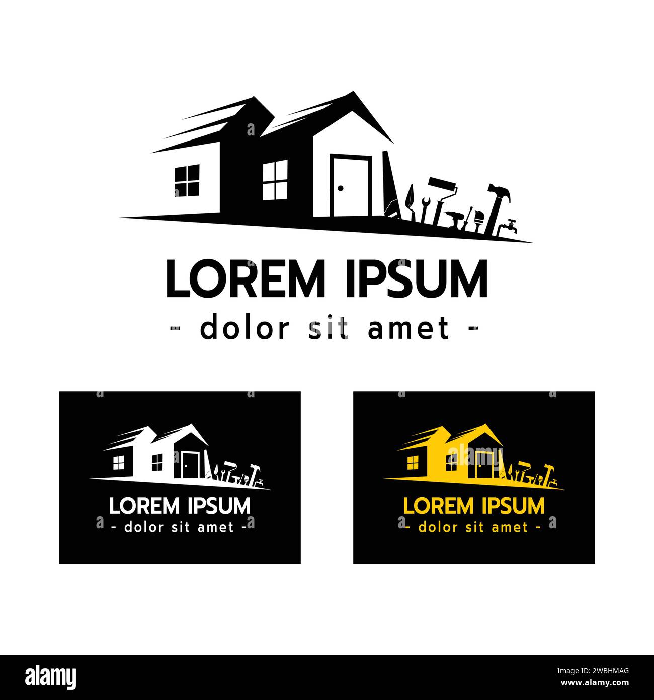 Logo de constructeur de maison, Service de réparation de maison, Construction Building Worker Tool Handyman concept sur fond blanc illustration vectorielle Illustration de Vecteur