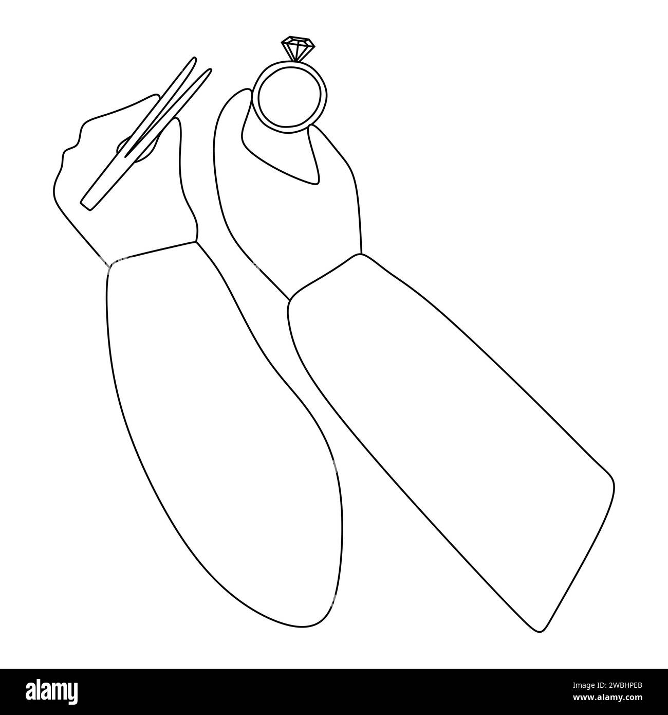 Bijoutiers main avec pince à épiler et bague avec pierre précieuse. Illustration linéaire, dessin au trait graphique isolé sur blanc. Logo silhouette et contour. Modèle pour Illustration de Vecteur