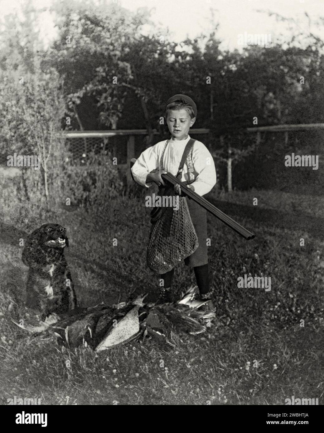 Une vieille photographie d’un garçon et de son chien armé posant dans le jardin après une journée de tournage à Maple Grove Farm, Rosser, Manitoba, Canada, au début du 20e siècle. Il porte un fusil à double canon. Dans son sac en filet et sur le sol sont les nombreux oiseaux qui ont été abattus. Le garçon porte une culotte maintenue avec des bretelles. Ceci est tiré d'un album de photos de début. Banque D'Images