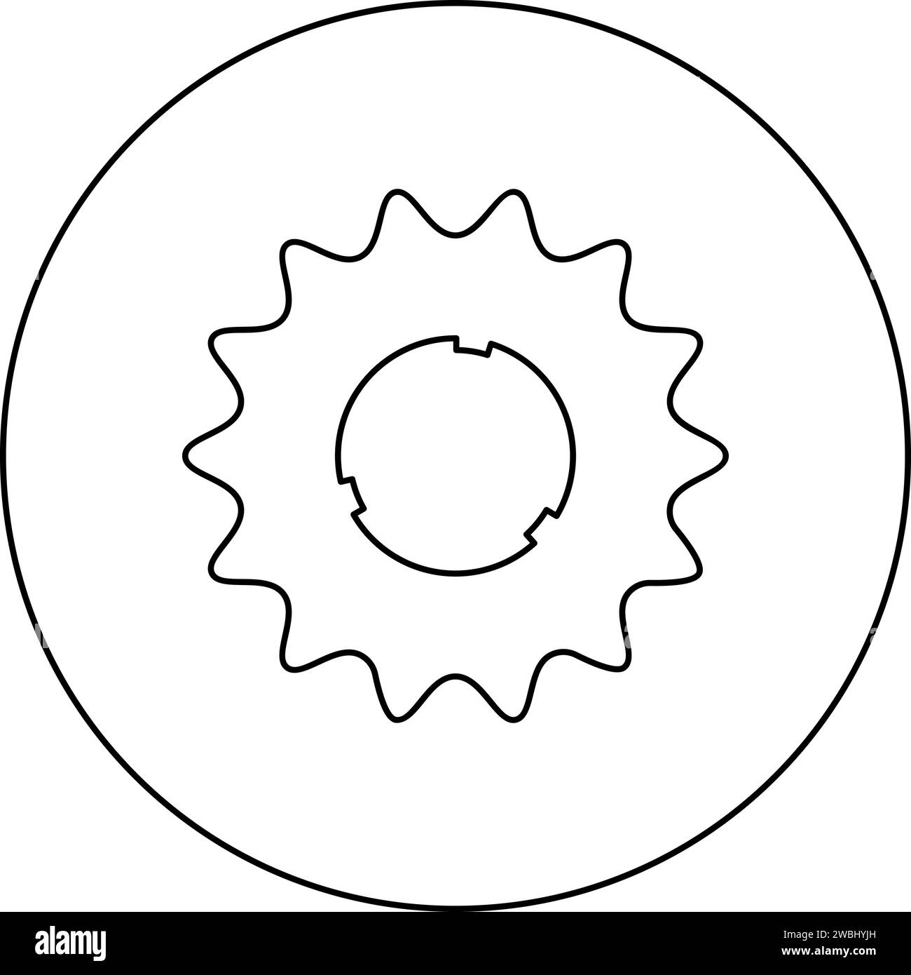 Cogset Sprocket Bicycle Star Gear service Sprocket roue dentée avec dents s'engage avec l'icône de chaîne dans l'illustration de vecteur de couleur noire ronde Illustration de Vecteur