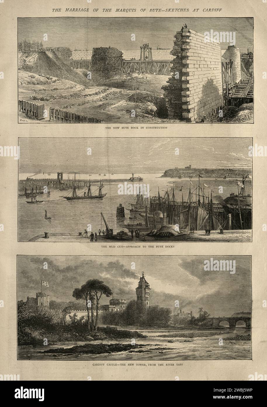 Vue de Cardiff, pays de Galles, années 1870, Bute Dock, Château de Cardiff, victorien 19e siècle Banque D'Images