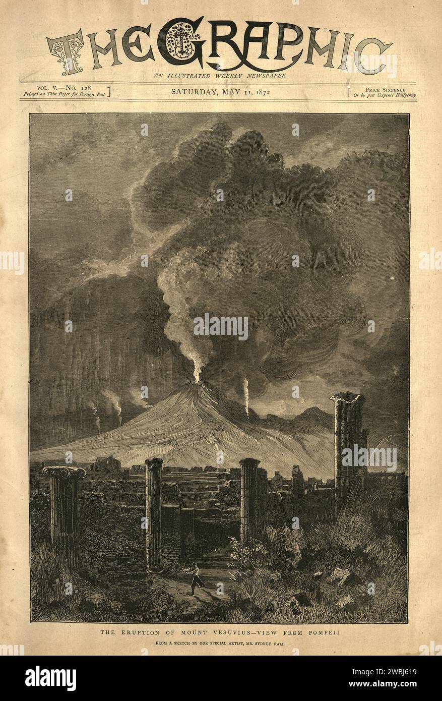 Illustration vintage éruption du Vésuve en 1872 vue des ruines de Pompéi, 19e siècle Banque D'Images