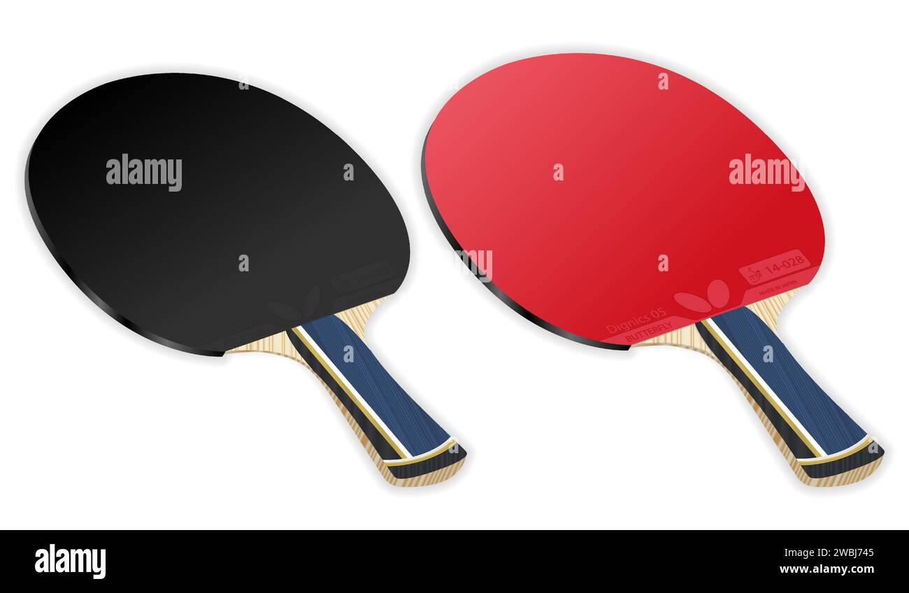 Raquette de tennis réaliste. Raquettes pour tennis de table. Ping pong. Butterfly Company Dignics 05 . Équipement sportif professionnel. ITTF. Doublure noire et rouge Illustration de Vecteur