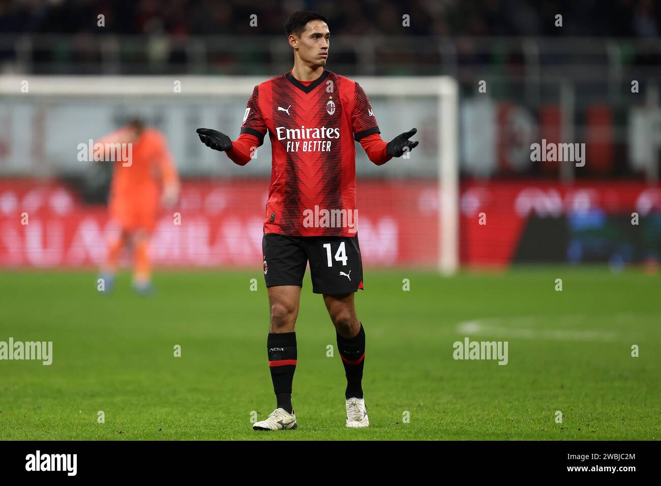 Milan, Italie. 10 janvier 2024. Tijjani Reijnders de l'AC Milan gestes lors du match de football Coppa Italia entre l'AC Milan et Atalanta BC au Stadio Giuseppe Meazza le 10 janvier 2024 à Milan, Italie . Crédit : Marco Canoniero/Alamy Live News Banque D'Images