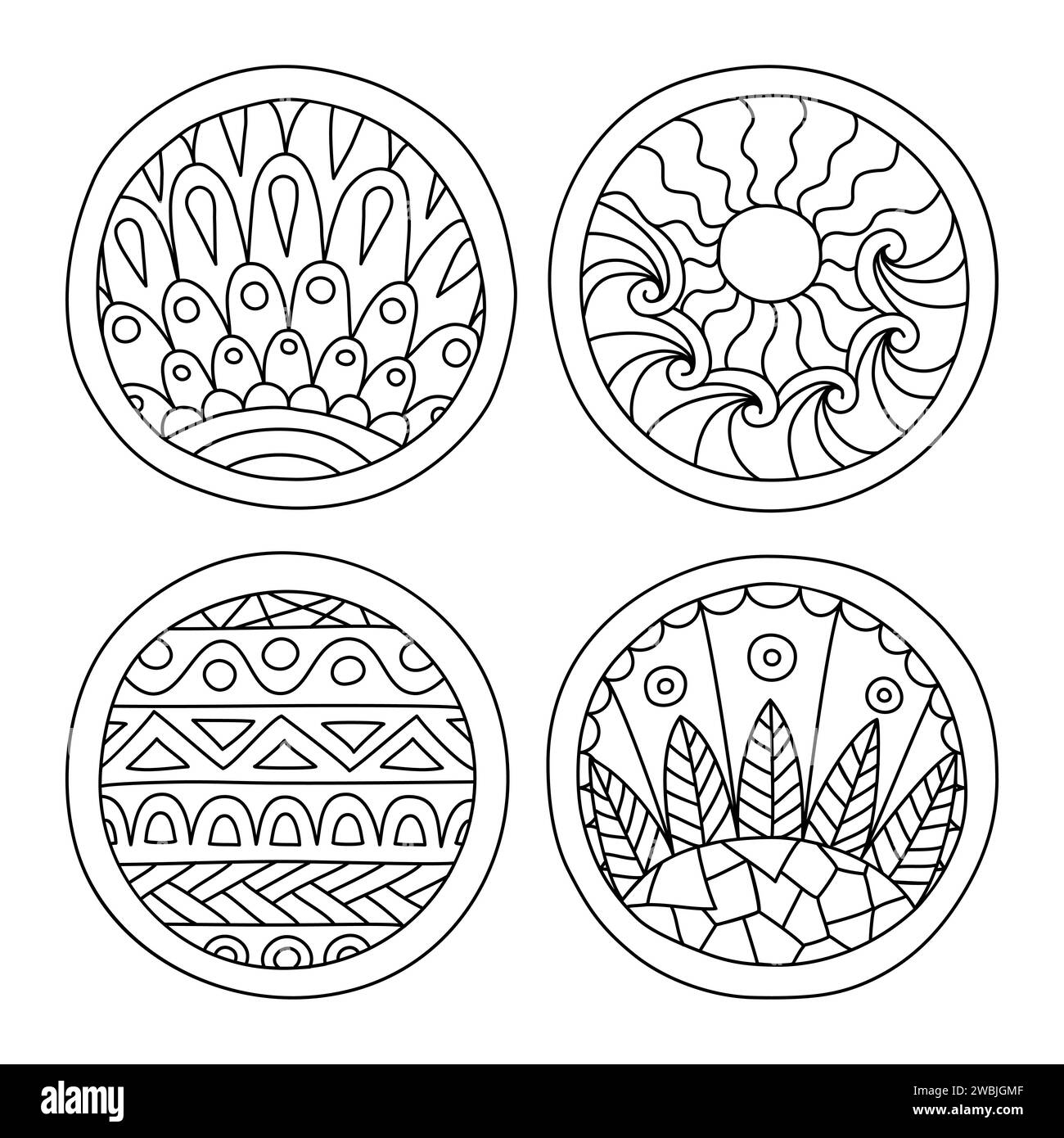 Ensemble de cercles remplis de grillades. Éléments graphiques isolés dessinés à la main. Mandala de style Boho et ethnique. Coloriage des pages. Art décoratif pour cartes d'anniversaire, nous Illustration de Vecteur