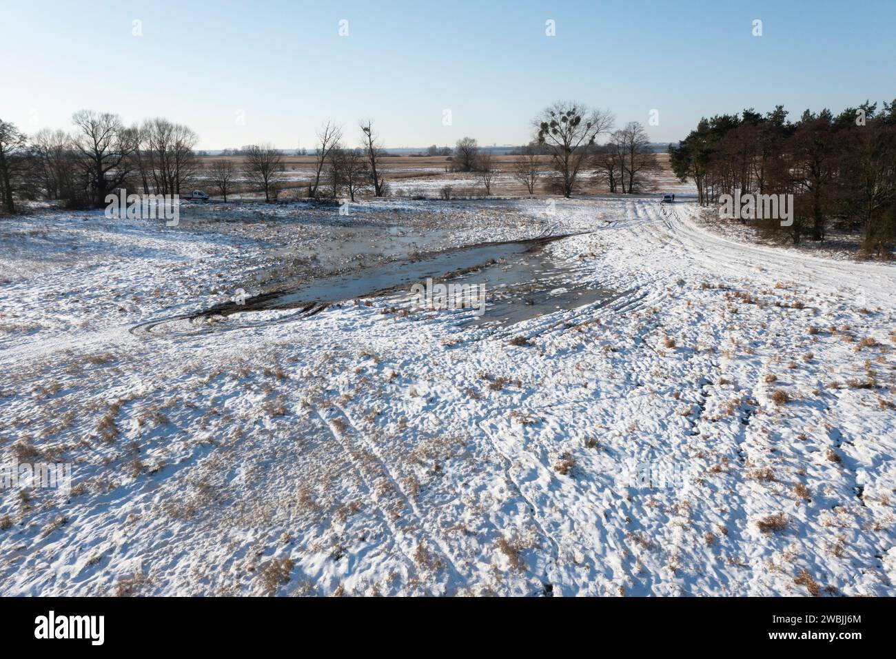 Champs, prairies et pâturages couverts de neige en hiver en Pologne. Paysage rural d'hiver. Banque D'Images