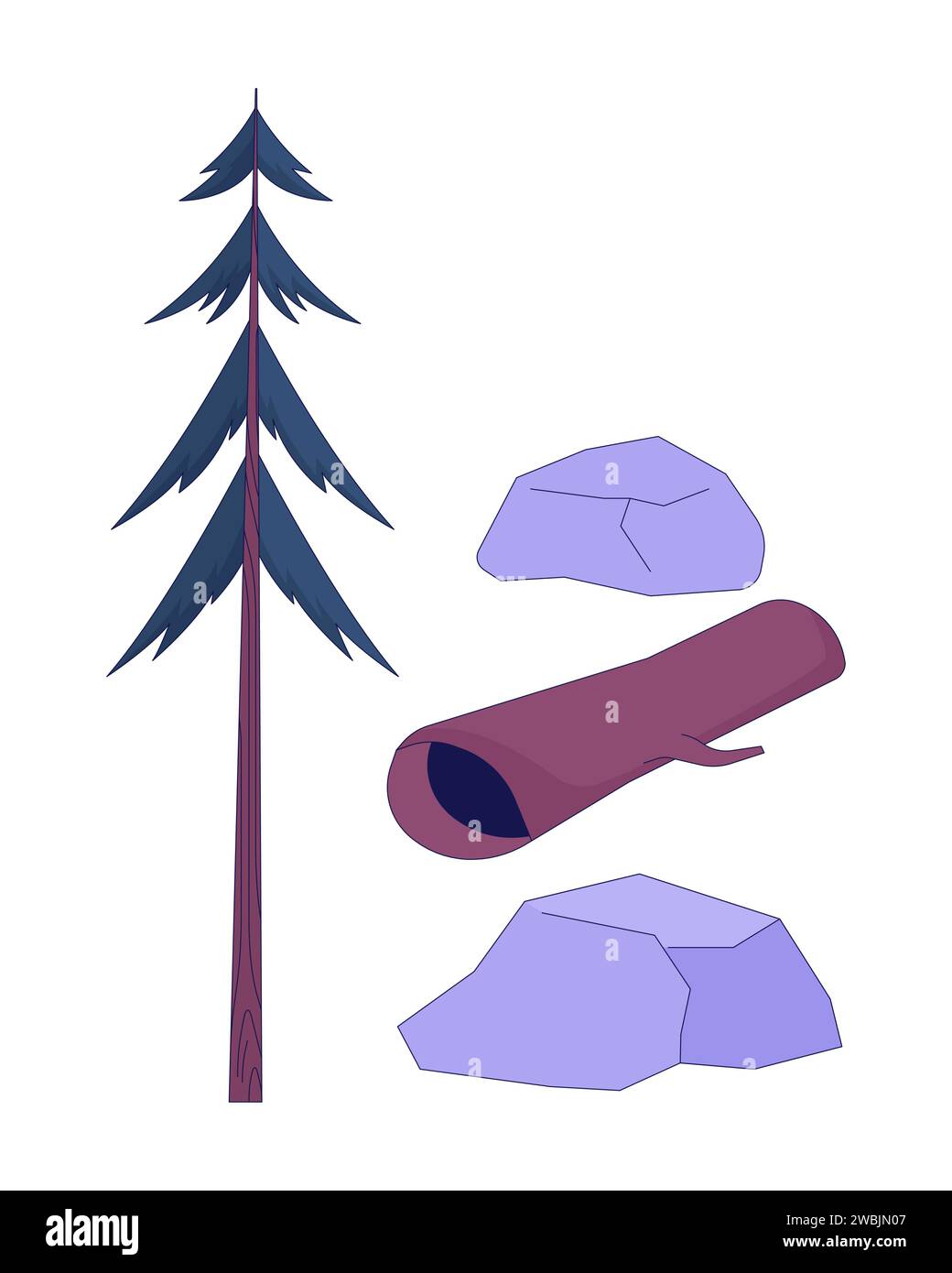 Arbres de forêt pierres objets de dessin animé linéaire 2D ensemble Illustration de Vecteur