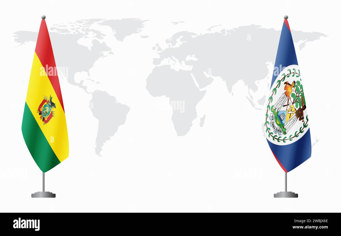 La Bolivie et Belize drapeaux pour la réunion officielle sur fond de carte du monde. Illustration de Vecteur