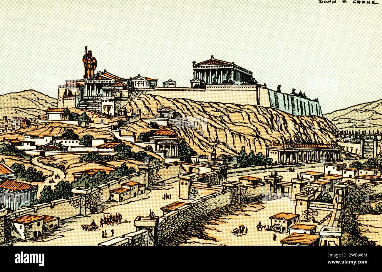 Reconstruction par un artiste de l'Acropole d'Athènes telle qu'elle était à l'époque de Périclès, c1930. Par Donn Philip Crane (1878-1944). L'Acropole d'Athènes est une ancienne citadelle située au-dessus de la ville d'Athènes, en Grèce. Bien qu'il y ait des preuves que la colline a été habitée dès le quatrième millénaire av. J.-C., c'est Périclès (c495-429 av. J.-C.) au cinquième siècle av. J.-C. qui a coordonné la construction des bâtiments dont les vestiges actuels sont les plus importants du site, y compris le Parthénon, les Propylées, l'Erechtheion et le Temple d'Athéna Nike. Banque D'Images
