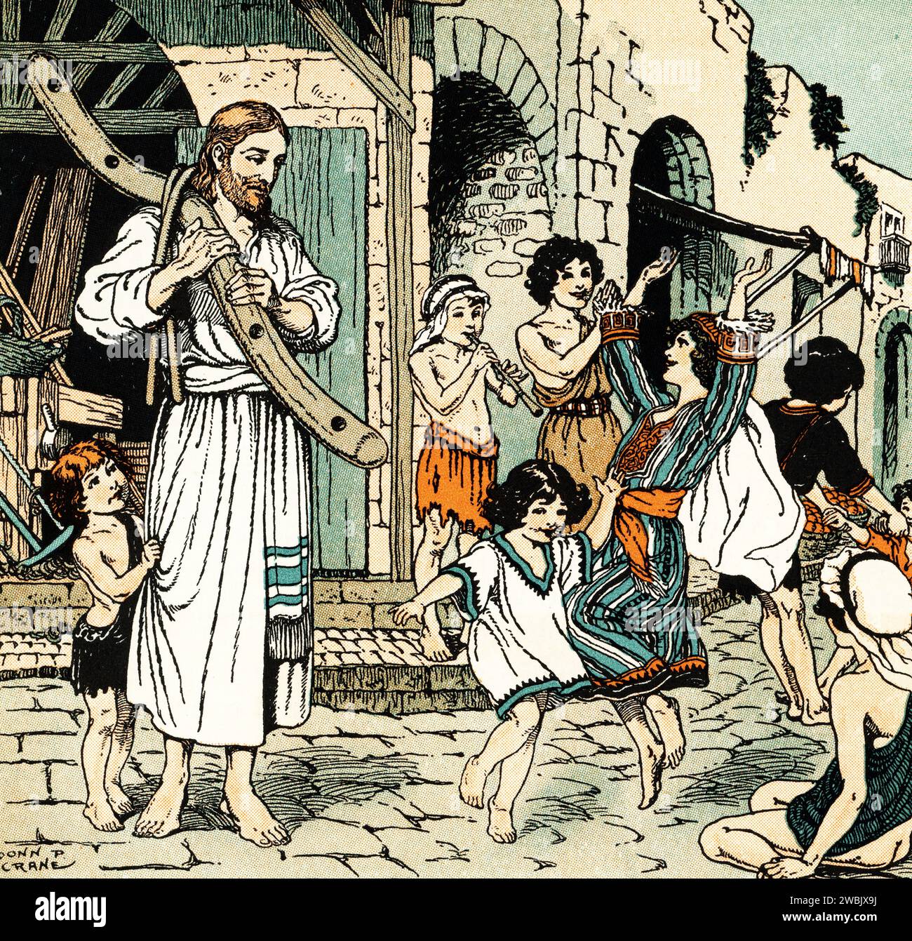 Jésus regarde les enfants danser et jouer de leurs pipes. Par Donn Philip Crane (1878-1944). Banque D'Images