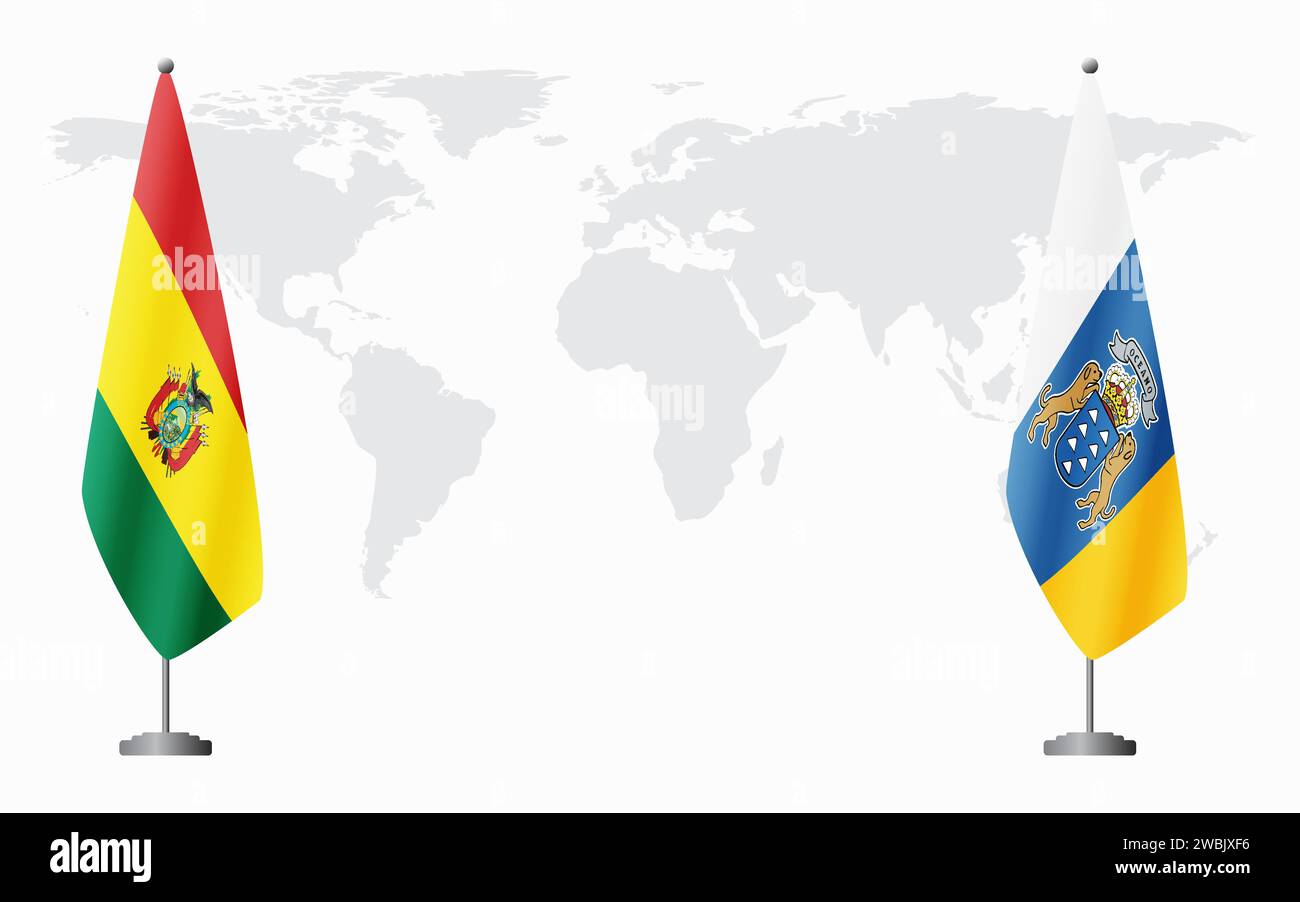 Drapeaux de Bolivie et des îles Canaries pour la réunion officielle sur fond de carte du monde. Illustration de Vecteur