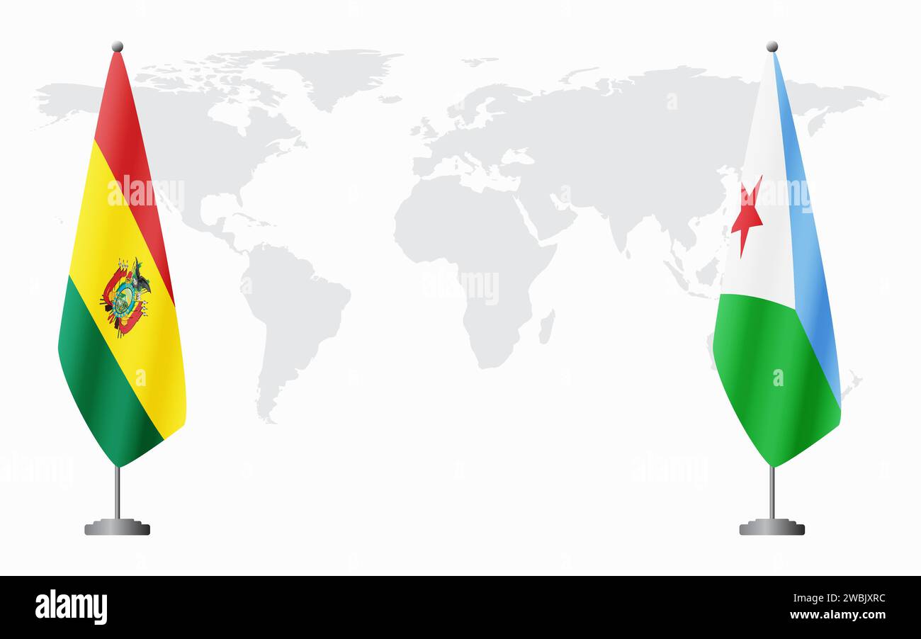 La Bolivie et Djibouti drapeaux pour la réunion officielle sur fond de carte du monde. Illustration de Vecteur