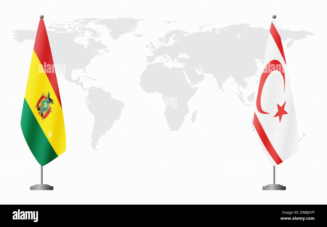 La Bolivie et la République turque de Chypre du Nord drapeaux pour la réunion officielle sur fond de carte du monde. Illustration de Vecteur