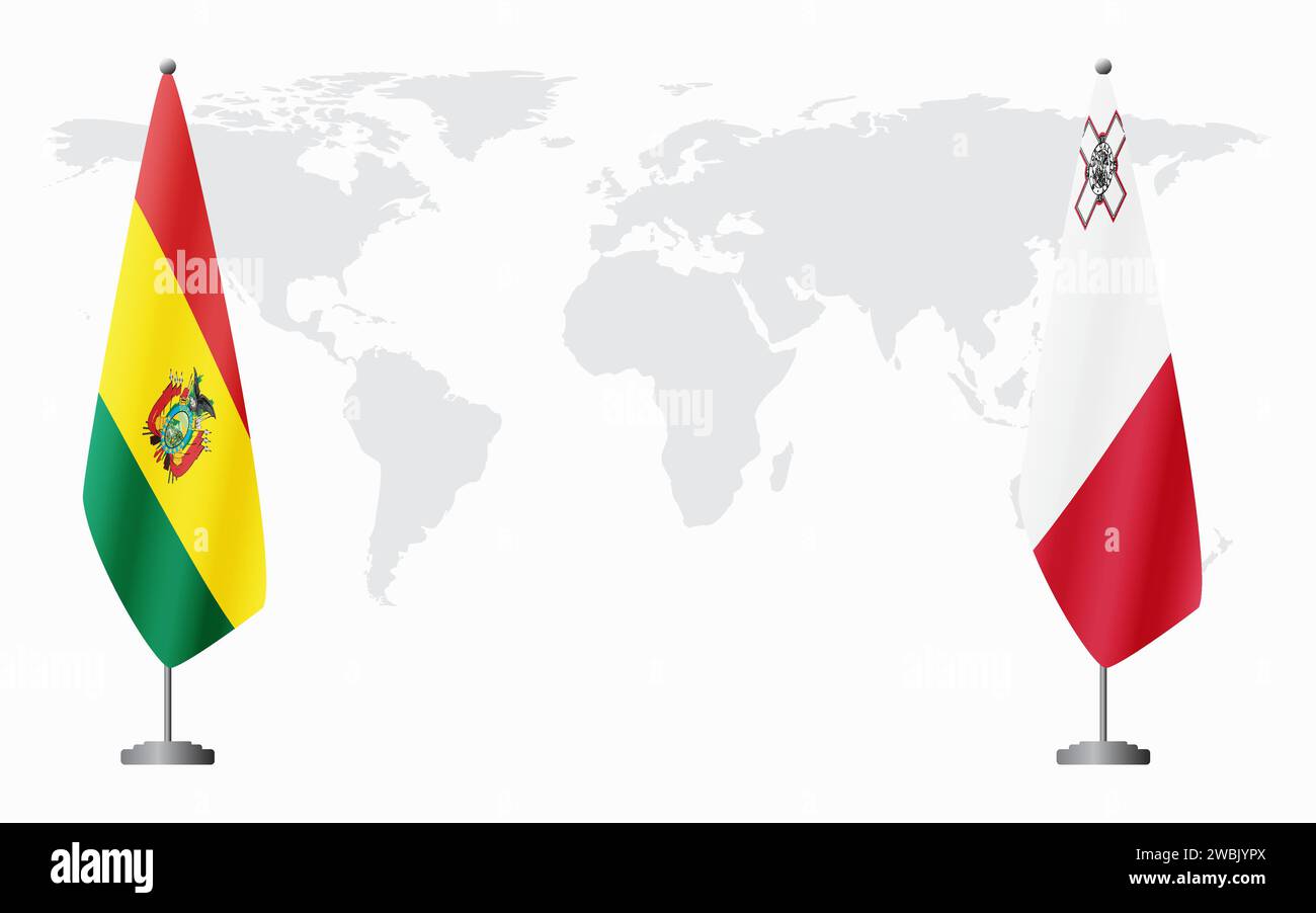 La Bolivie et Malte drapeaux pour la réunion officielle sur fond de carte du monde. Illustration de Vecteur