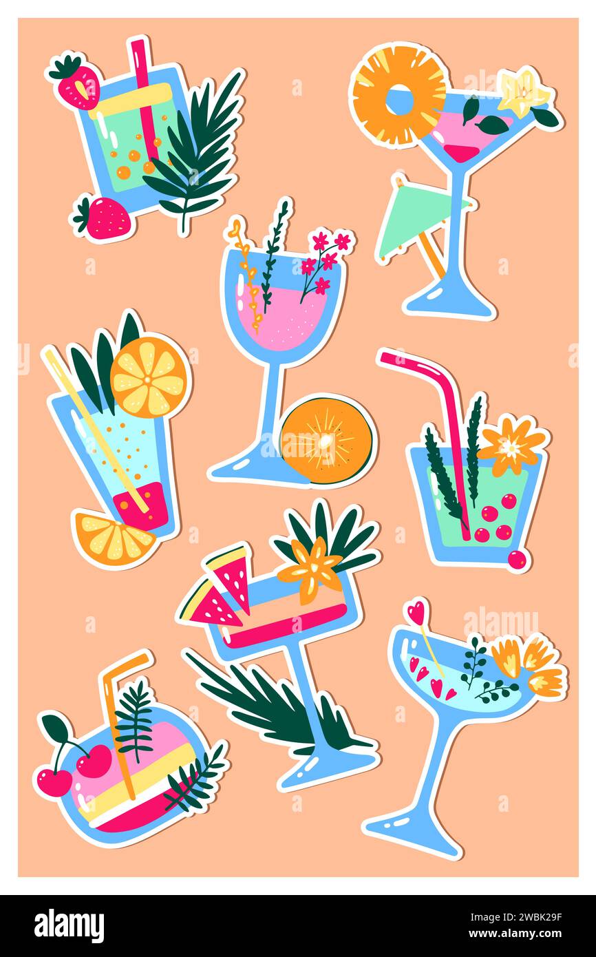 Ensemble d'autocollants de cocktails tropicaux de dessin animé. Boissons de couleur sur fond Peach. Liqueur tirée à la main avec pailles, fruits, baies, feuilles, épices. Boisson, donc Illustration de Vecteur