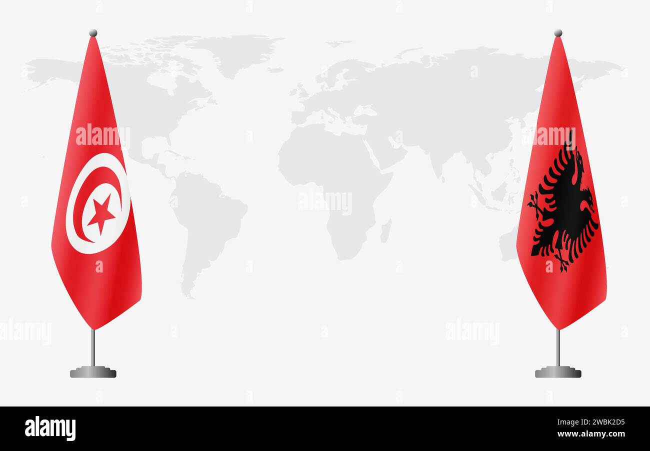 La Tunisie et l'Albanie drapeaux pour la réunion officielle sur fond de carte du monde. Illustration de Vecteur