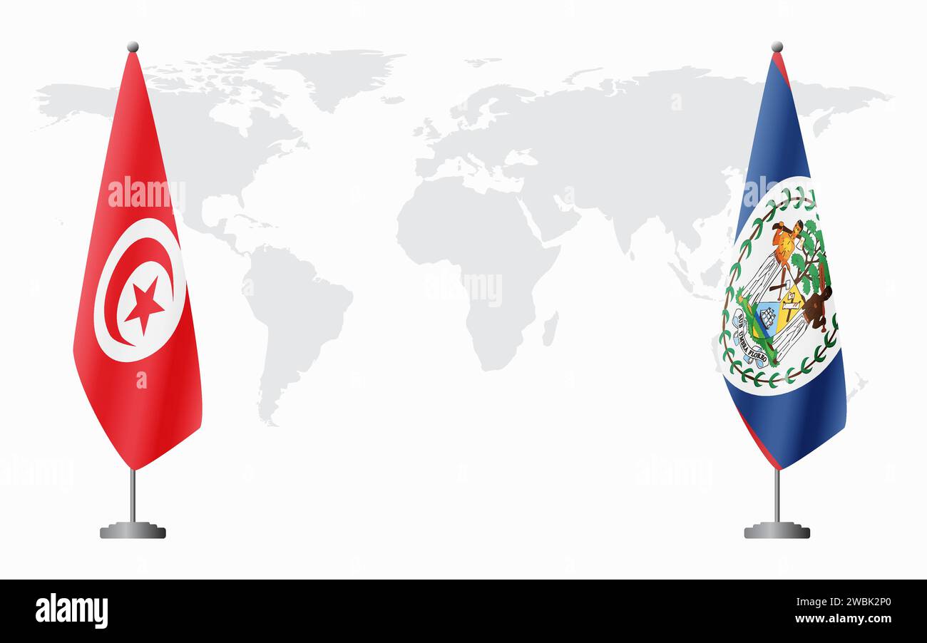 La Tunisie et Belize drapeaux pour la réunion officielle sur fond de carte du monde. Illustration de Vecteur